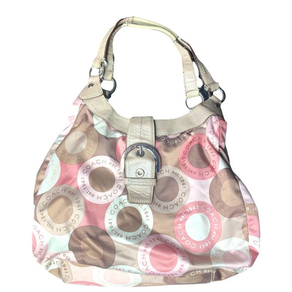 Coach Handbags - Coach Women's Madison Sophia Pink Tan Satin Double Handle Satchel Handbag Purse